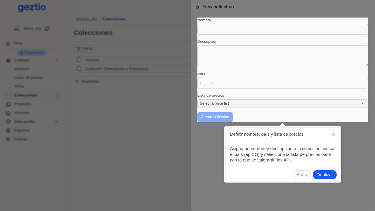 Geztio: Step 2 of 2: Definir nombre, país y lista de precios - Crear Colección de APU. Asigna un nombre y descripción a la colección, indica el país (ej. CO) y selecciona la lista de precios base con la que se valorarán los APU.