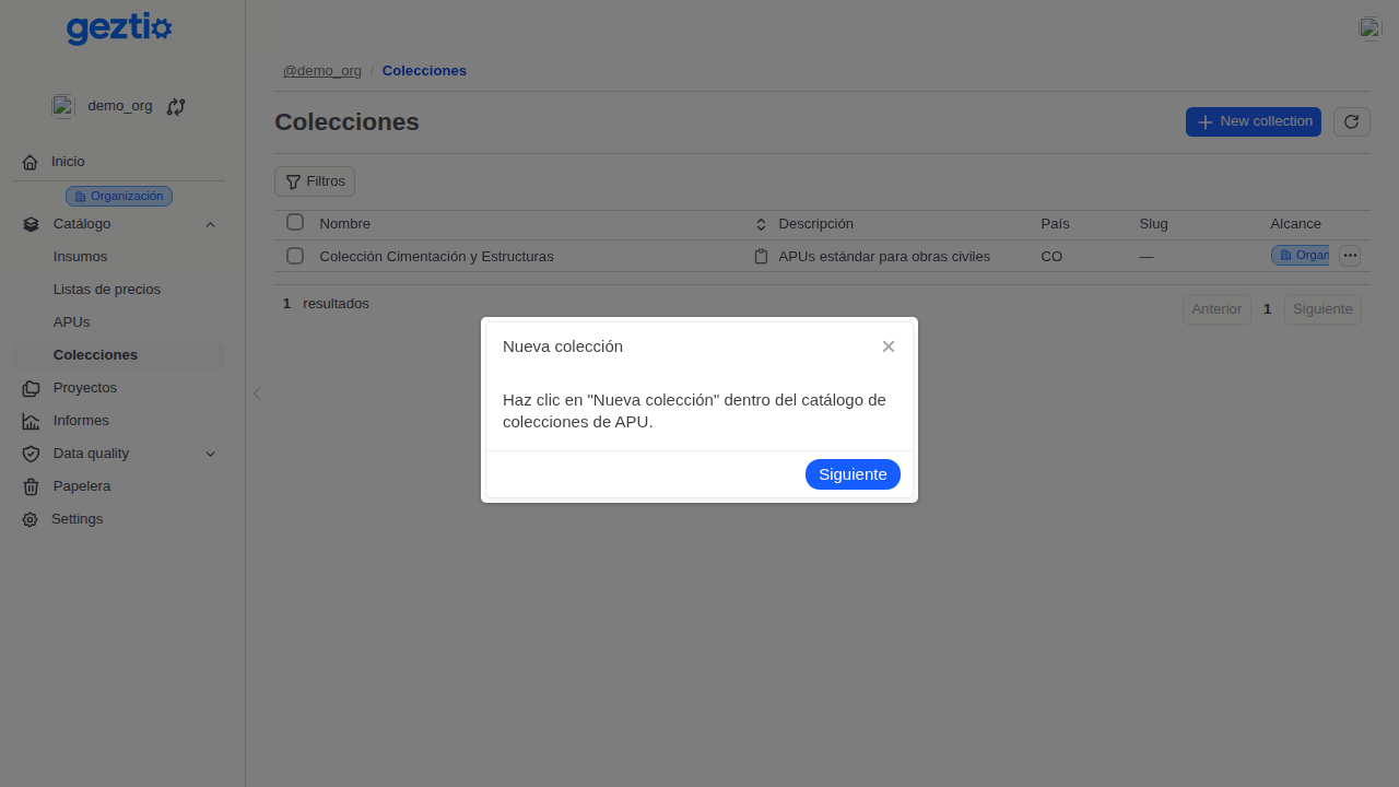 Geztio: Step 1 of 2: New collection - Create APU Collection. Click on "New collection" in the APU collections catalog.