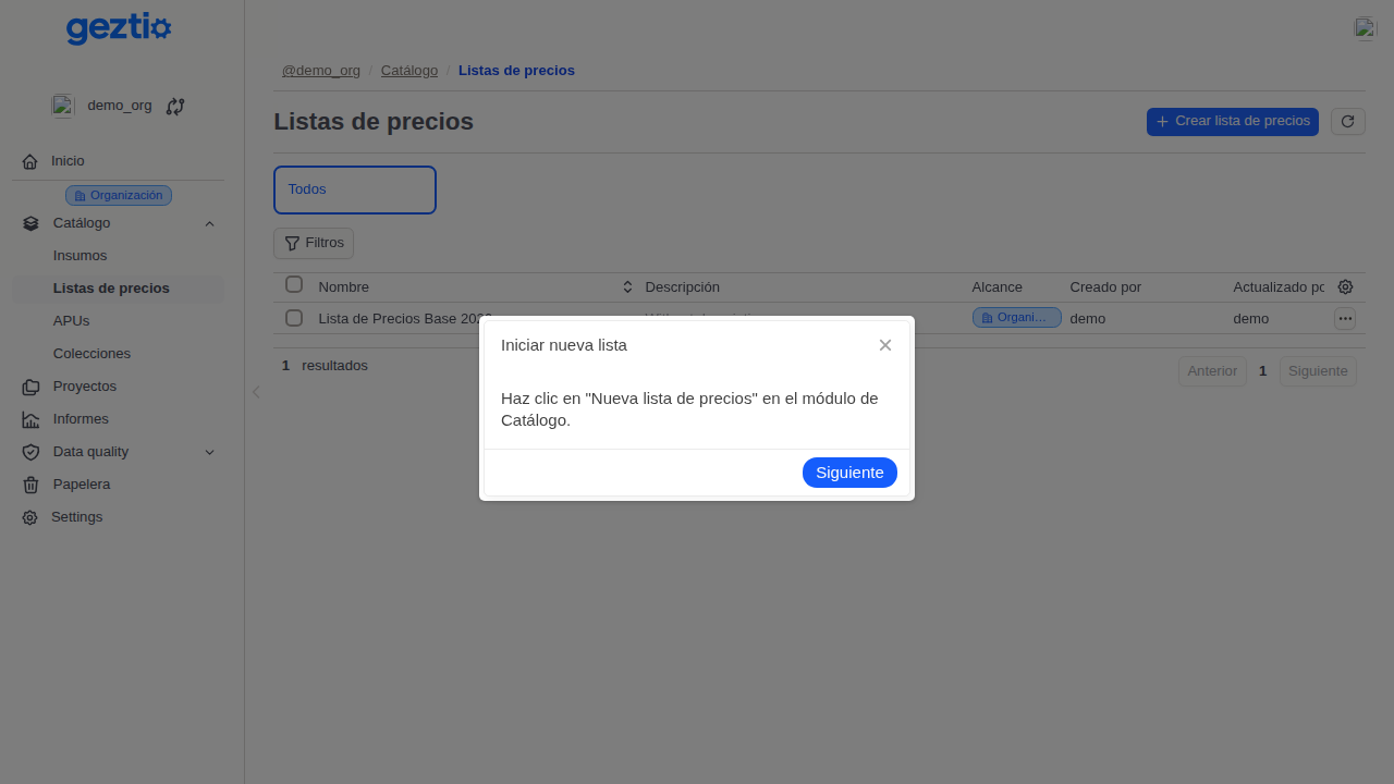 Geztio: Step 1 of 2: Iniciar nueva lista - Crear Lista de Precios. Haz clic en "Nueva lista de precios" en el módulo de Catálogo.
