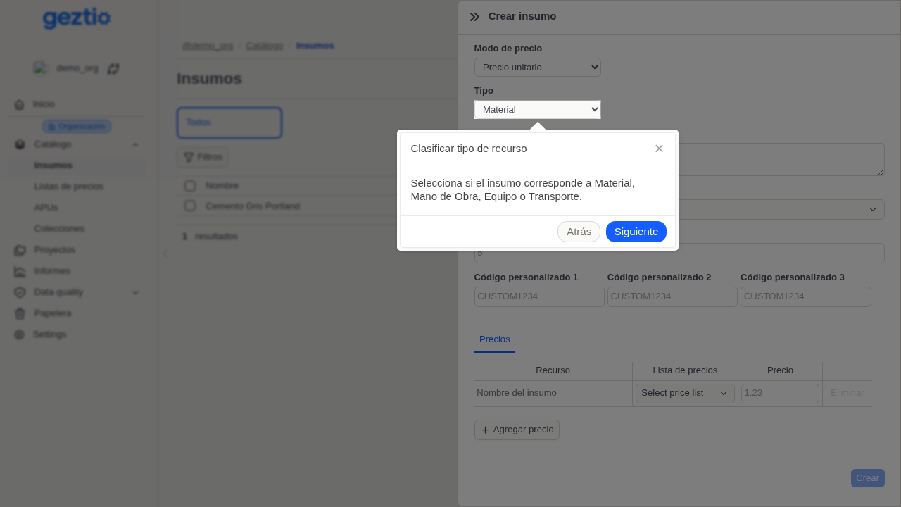 Geztio: Step 2 of 3: Classify resource type - Register Supplies in Master Catalog. Select whether the supply represents Material, Labor, Equipment or Transportation.