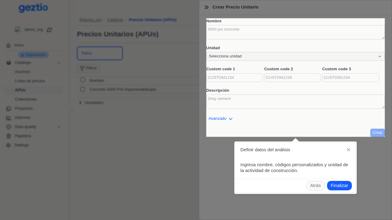 Geztio: Step 2 of 2: Definir datos del análisis - Crear APU Maestro en Catálogo. Ingresa nombre, código maestro y unidad de la actividad de construcción.