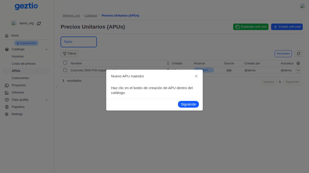 Geztio: Step 1 of 2: New master APU - Create Master APU in Catalog. Click on the APU creation button within the catalog.